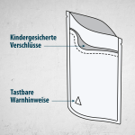 Standbodenbeutel (500 Stk.), Doypack mit kindergesicherten Verschluss und tastbaren Warndreieck